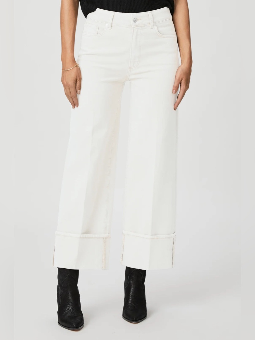 Paige Sasha Cuff High Waist Ankle Wide Leg Jeans - Tonal Ecru